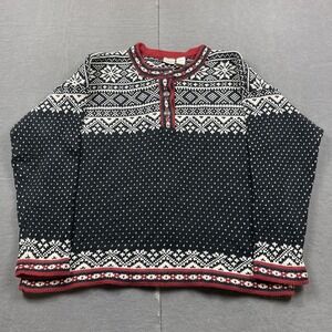LL Bean Sweater Womens XL Fair Isle Henley Cotton Pullover Black Red Crewneck